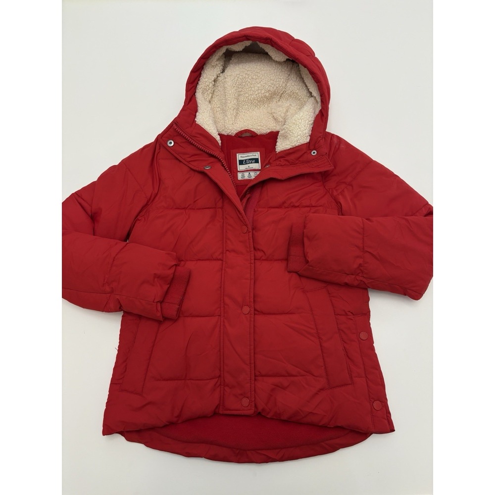 Abercrombie & Fitch Ultra Faux Shearling Hooded Quilted Puffer Jacket Y2K  Red S